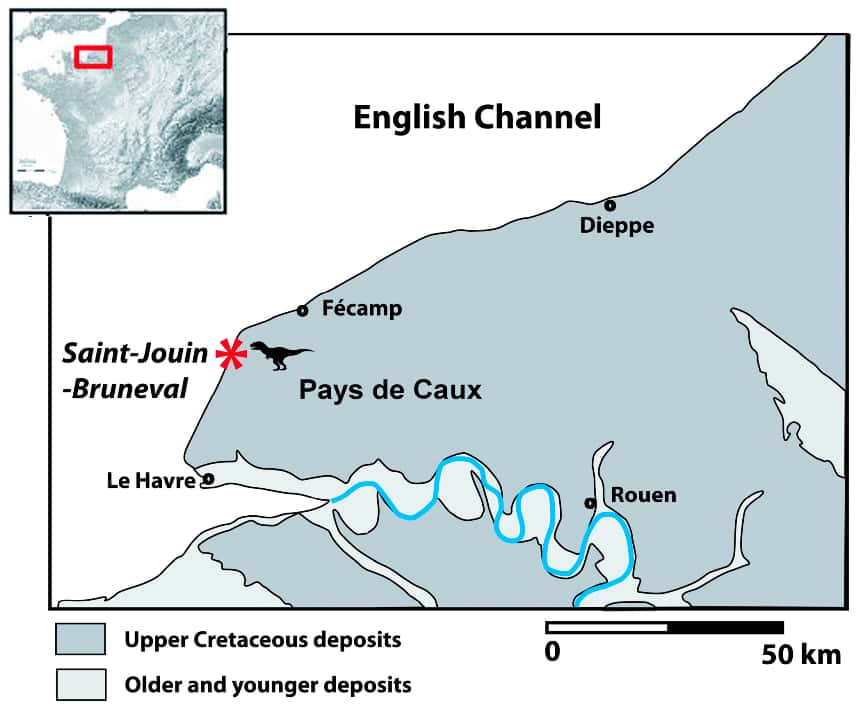 Carte indiquant la position de Saint-Jouin-Bruneval sur le littoral du Pays de Caux (Normandie). La ligne bleue représente la Seine. © Buffetaut <em>et al.</em>