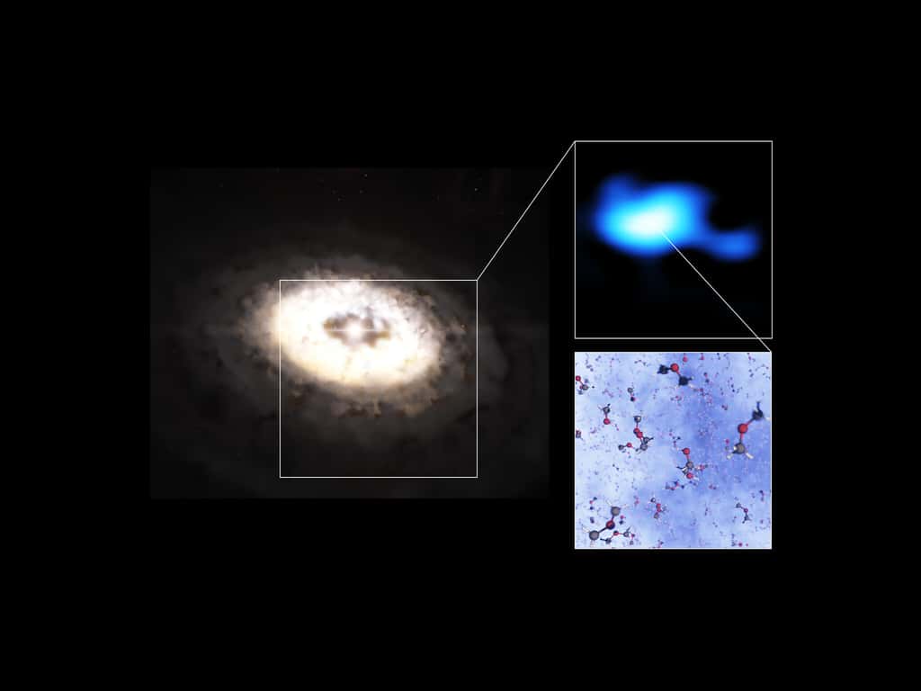 Cette image composite présente une vue d’artiste du disque de formation de planètes autour de l'étoile IRS 48, également connue sous le nom de Oph-IRS 48. Le disque contient une région en forme de noix de cajou dans sa partie sud, qui piège des grains de poussière de taille millimétrique qui peuvent s'assembler et se transformer en objet de taille kilométrique comme des comètes, des astéroïdes et même potentiellement des planètes. Des observations récentes effectuées à l'aide d’Alma ont permis de repérer plusieurs molécules organiques complexes dans cette région, dont le méthoxyméthane, la plus grande molécule trouvée à ce jour dans un disque de formation de planètes. L'émission signalant la présence de cette molécule (observations réelles indiquées en bleu) est nettement plus forte dans le piège à poussière du disque. Un modèle de la molécule est également montré dans cette composition. ESO/L. Calçada, Alma (ESO/Naoj/Nrao)/A. Pohl, van der Marel et al., Brunken et al.