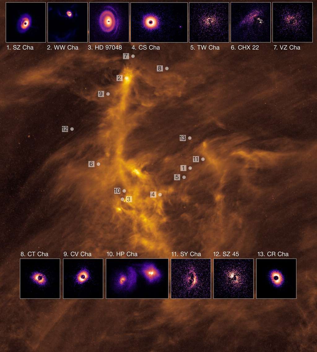 Disques où se forment des planètes autour de jeunes étoiles et leur emplacement dans le nuage riche en gaz de Chamaeleon I, à environ 600 années-lumière de la Terre. Les images stupéfiantes des disques ont été prises à l'aide de l'instrument Sphere (<em>Spectro-Polarimetric High-contrast Exoplanet REsearch</em>) monté sur le <em>Very Large Telescope</em> (VLT) de l'ESO. Au total, l'équipe a observé 20 étoiles dans la région de Chamaeleon I, détectant des disques autour de 13 d'entre elles. L'image de fond montre une vue infrarouge de Chamaeleon I capturée par l'observatoire spatial Herschel. © ESO, C. Ginski et al. ; ESA, Herschel