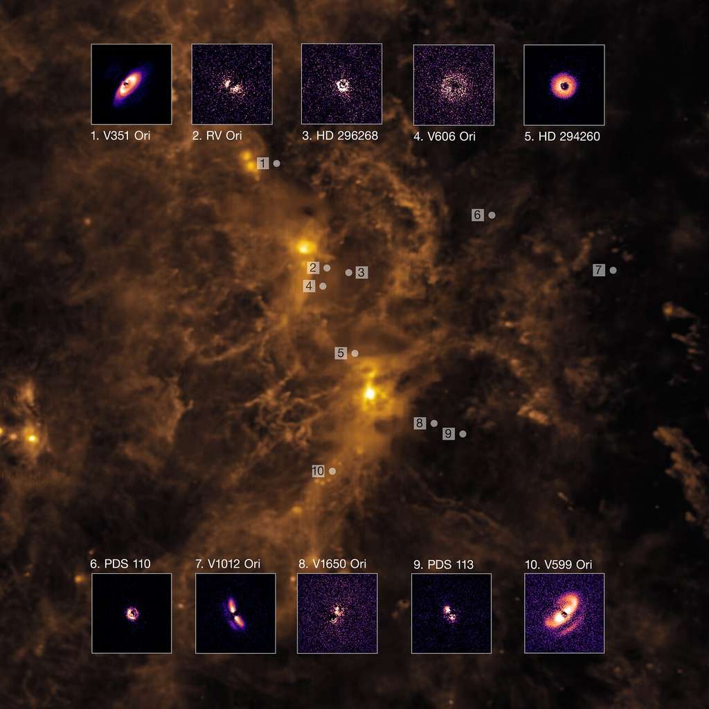 Disques de formation de planètes autour de jeunes étoiles et leur emplacement dans le nuage riche en gaz d'Orion, à environ 1 600 années-lumière de la Terre. Les images fascinantes des disques ont été prises à l'aide de l'instrument Sphere (<em>Spectro-Polarimetric High-contrast Exoplanet REsearch</em>) monté sur le <em>Very Large Telescope</em> (VLT) de l'ESO. Au total, l'équipe a observé 23 étoiles dans la région d'Orion et a détecté des disques de formation de planètes autour de 10 d'entre elles. L'aspect irrégulier de certains disques dans cette région pourrait suggérer la présence de planètes massives à l'intérieur de ces disques, car celles-ci pourraient les déformer et les désaligner. L'image de fond montre une vue infrarouge d'Orion capturée par le satellite d'astronomie infrarouge Iras. © ESO, P.-G. Valegård et al.; IRAS