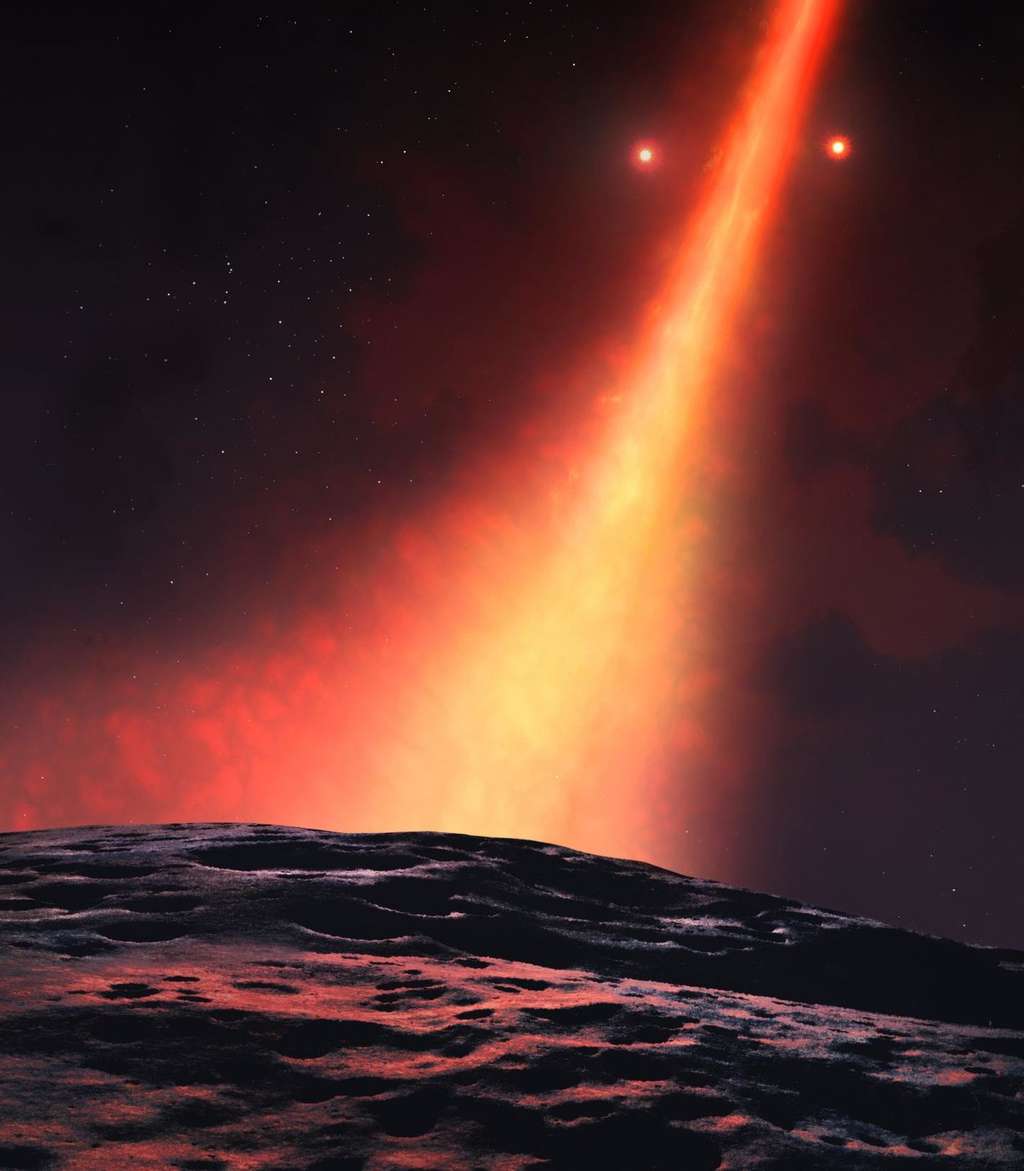 Une image d'artiste de la vue depuis une exoplanète en formation dans le disque de débris autour de HD 98800 B. © University of Warwick/Mark Garlick