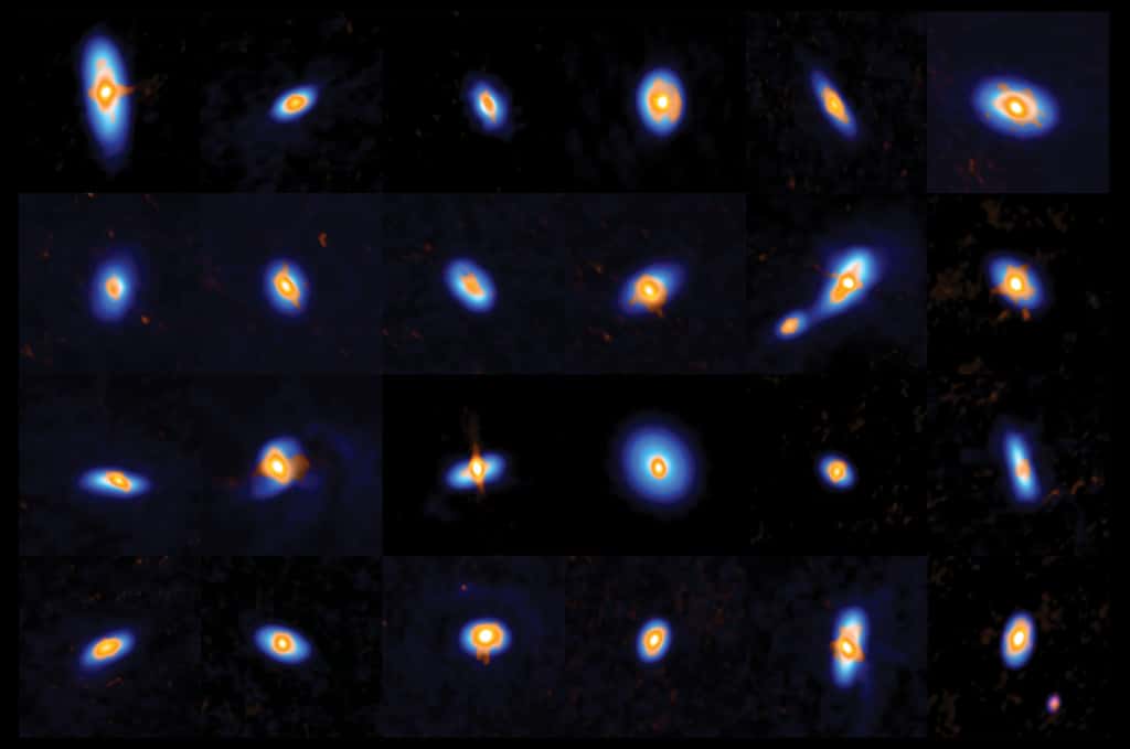 Alma et le VLA ont observé plus de 300 proto-étoiles et leurs jeunes disques protoplanétaires dans le complexe d'Orion. Cette image montre une fraction de ces étoiles, dont quelques étoiles binaires. Les données d'Alma et de VLA se complètent mutuellement : Alma voit la structure du disque externe (visualisée en bleu), et le VLA observe les parties internes des disques et les proto-étoiles (en orange). © Alma (ESO/NAOJ/NRAO), J. Tobin ; NRAO/AUI/NSF, S. Dagnello