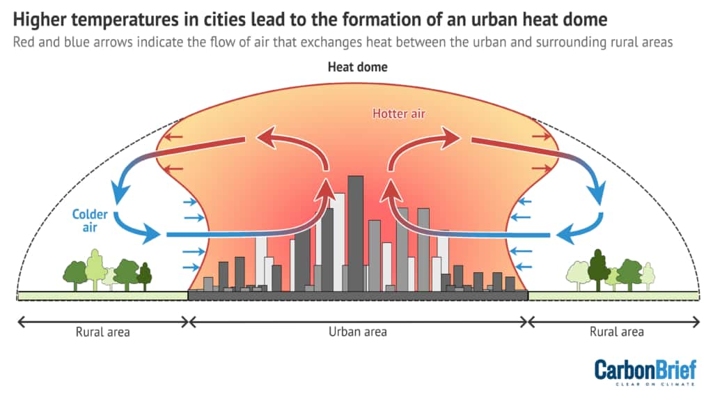 Le dôme de chaleur au-dessus de la ville et la circulation de l'air grâce à l'anneau de végétation. © Carbon Brief