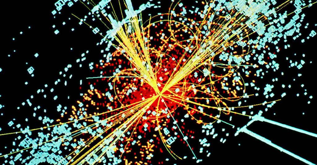 Simulation de la désintegration d'un boson de Higgs en 2 rayons de hadrons. © Lucas Taylor CERN, CC BY-SA 3.0 