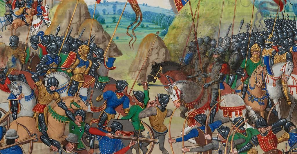 1337 marque le début de la guerre de Cent Ans. Ici, la bataille de Crécy, en 1346. © Jean Froissart, <em>Wikimedia Commons</em>, DP