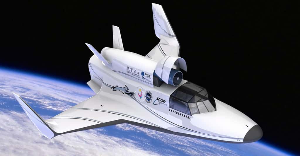 Vision d’artiste du Lynx d’XCOR Aerospace équipé d’un télescope. Pour le tourisme spatial, il pourrait effectuer quatre vols suborbitaux par jour. © XCOR 