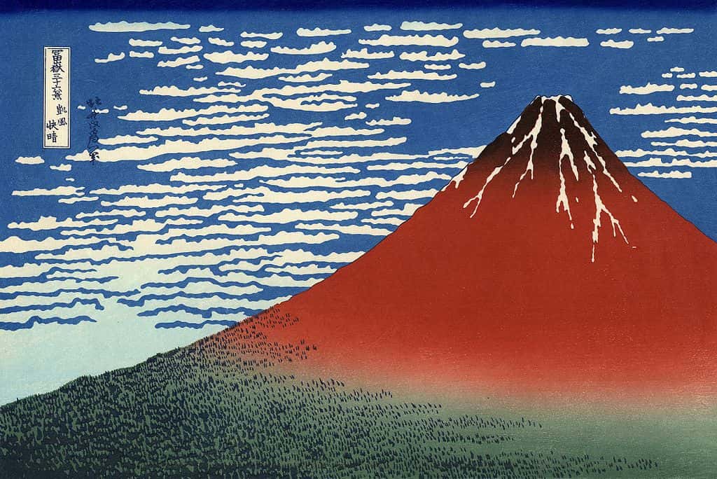 Le Fuji par temps clair (aussi appelé <em>Le Fuji rouge</em>) peint par Hokusai. © Domaine public