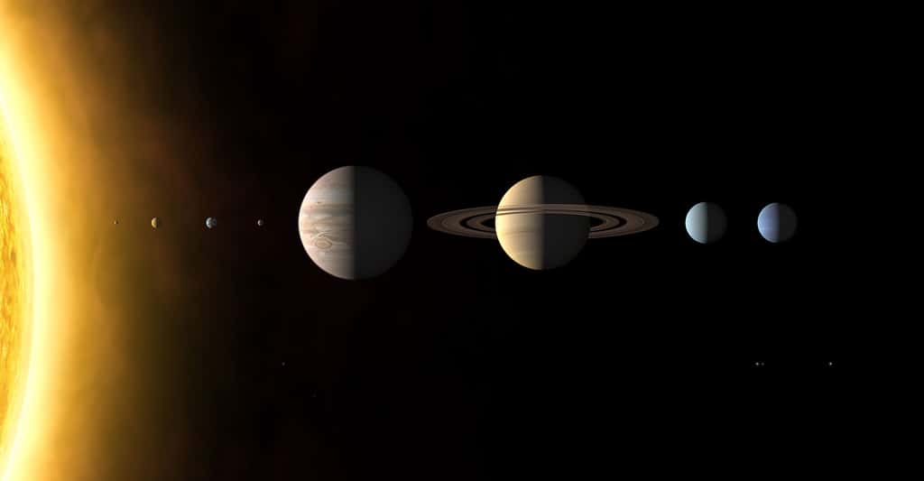 Montage des images des huit planètes du Système solaire enregistrées par différents engins spatiaux. De haut en bas : Mercure, Vénus, la Terre (avec la Lune), Mars, Jupiter, Saturne, Uranus et Neptune.© Martin Kornmesser, CC BY-SA 3.0