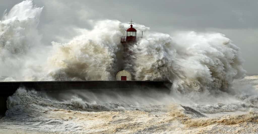 Effet d'un cyclone sur le phare à l'entrée du port du Douro. © Zacarias Pereira da Mata, Shutterstock
