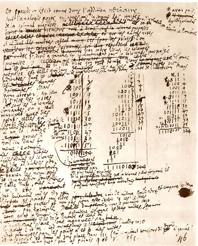Manuscrit inédit de Leibniz, bibliothèque provinciale de Hanovre. Leibniz voyait dans les rotules de la combinatoire plutôt que de la magie. Il est l’inventeur du code binaire, le langage universel des ordinateurs. © Dunod