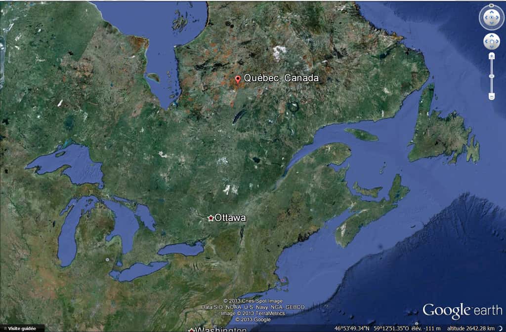 Le Saint-Laurent est le seul émissaire des Grands Lacs : il coule à partir du sud-ouest jusqu'au nord-est en Amérique du Nord, et relie les Grands Lacs à l'océan Atlantique. © DR