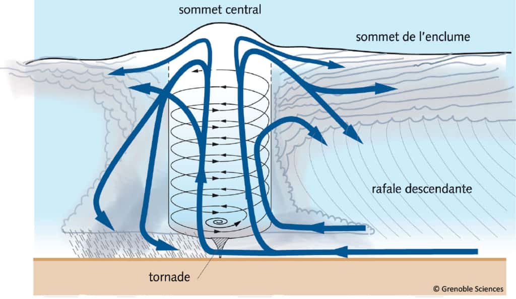 Organisation interne d’une cellule orageuse raccordée au sol par une tornade. Même si les échelles ne sont pas rigoureusement respectées, noter la petite taille de la tornade (hachures grises) par rapport à celle des courants ascendant et tournant (couleur bleue et pâle). La longueur de la tornade peut être de 10 à 100 m, l’épaisseur totale de la masse nuageuse de 5.000 m. Le diamètre de la tornade peut être de 2 à 10 m, alors que celui du courant ascendant peut atteindre 100 m. © Grenoble Sciences