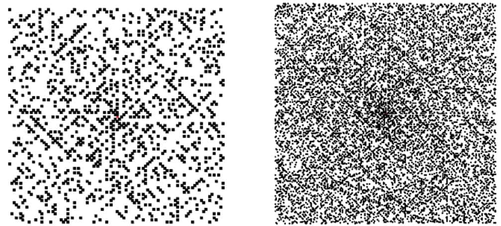 Spirale d'Ulam pour les entiers de 1 à 10.000 (à gauche). Spirale d'Ulam pour les entiers de 1 à 100.000 (à droite). © Belin