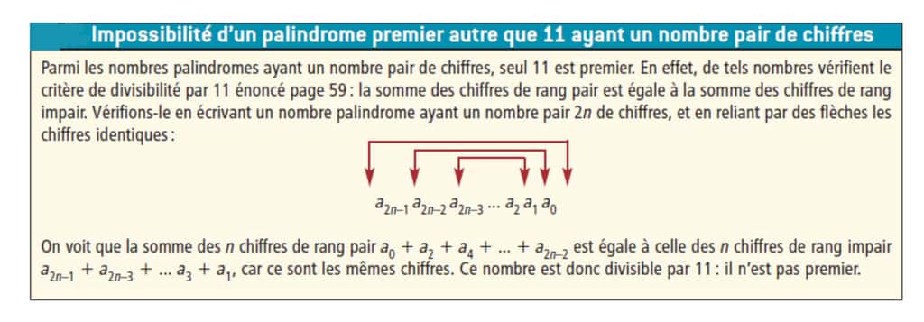 Cet encadré explique la raison pour laquelle excepté 11, il n’y a pas de palindrome premier avec un nombre par de chiffres. © Belin