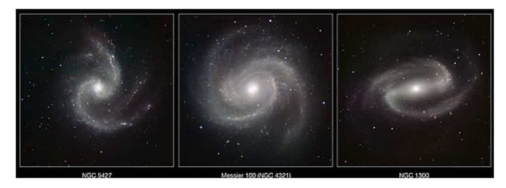 Exemples de galaxies spirales photographiées en lumière infrarouge par le VLT (<em>Very Large Telescope</em>) de l’ESO (<em>European Southern Observatory</em>), au Chili : de gauche à droite, NGC 5427, NGC 4321 et NGC 1300. © ESO