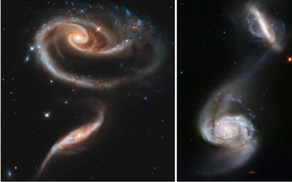 Deux paires de galaxies en interaction. À gauche, ARP 273. À droite, de la matière est échangée entre les deux galaxies : du gaz et de la poussière sont capturés par la plus petite d’entre elles, dans une direction perpendiculaire à son disque. Photos du télescope spatial Hubble. © Nasa, ESA
