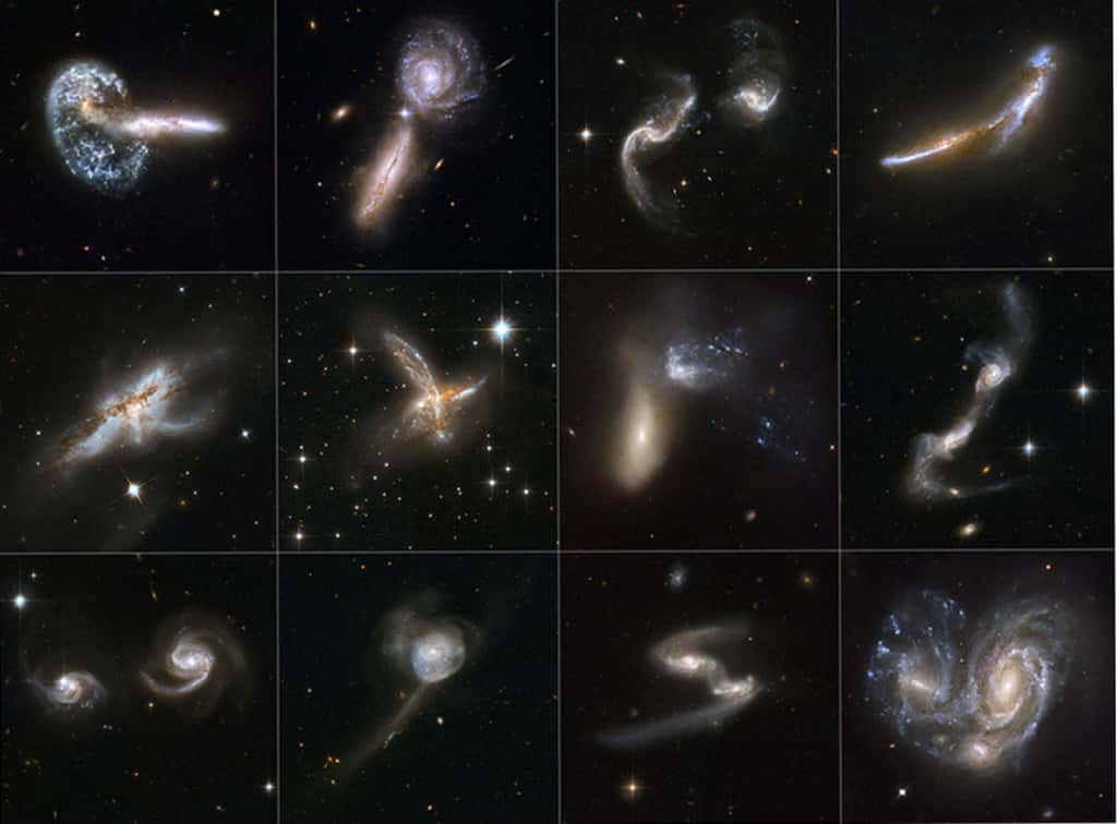 Panoplie de galaxies en interaction, montrant la grande variété des impacts possibles en termes de géométrie, vitesse relative, rapport de masse des ensembles en collision. Photos du télescope spatial Hubble. © Nasa, ESA