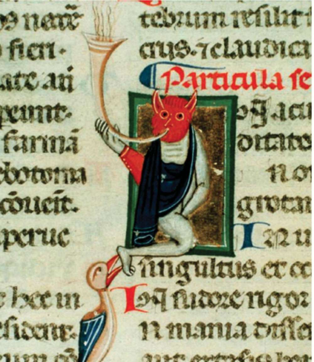 Fragment du <em>Codex Paneth</em>, terminé à Bologne en 1326. Sur l’illustration, un démon soufflant de la trompe, métaphore vraisemblable de la maladie, placé sur un texte des aphorismes d’Hippocrate. © Dunod
