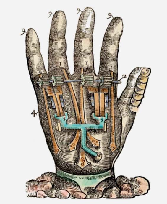 Main artificielle, d’après l’ouvrage d’Ambroise Paré <em>Instrumenta chyrurgiae et icones anathomicae</em> (<em>Instruments chirurgicaux et illustrations anatomiques</em>), 1564, Paris. © Dunod