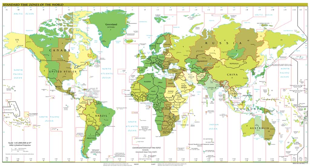 Fuseaux horaires usuels dans le monde. Des pays ont adopté un nombre non entier d’heures de différence avec l’heure GMT, comme le Népal. © DP