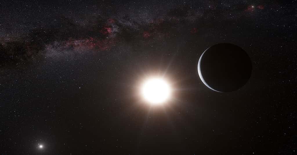 Cette vue d'artiste montre la planète en orbite autour de l'étoile Alpha du Centaure B. Le faible signal de la planète a été détecté par le spectrographe HARPS sur le télescope de 3.6 mètres de l'Observatoire de La Silla de l'ESO au Chili.© ESO/L. Calçada/N. Risinger, CC BY 4.0