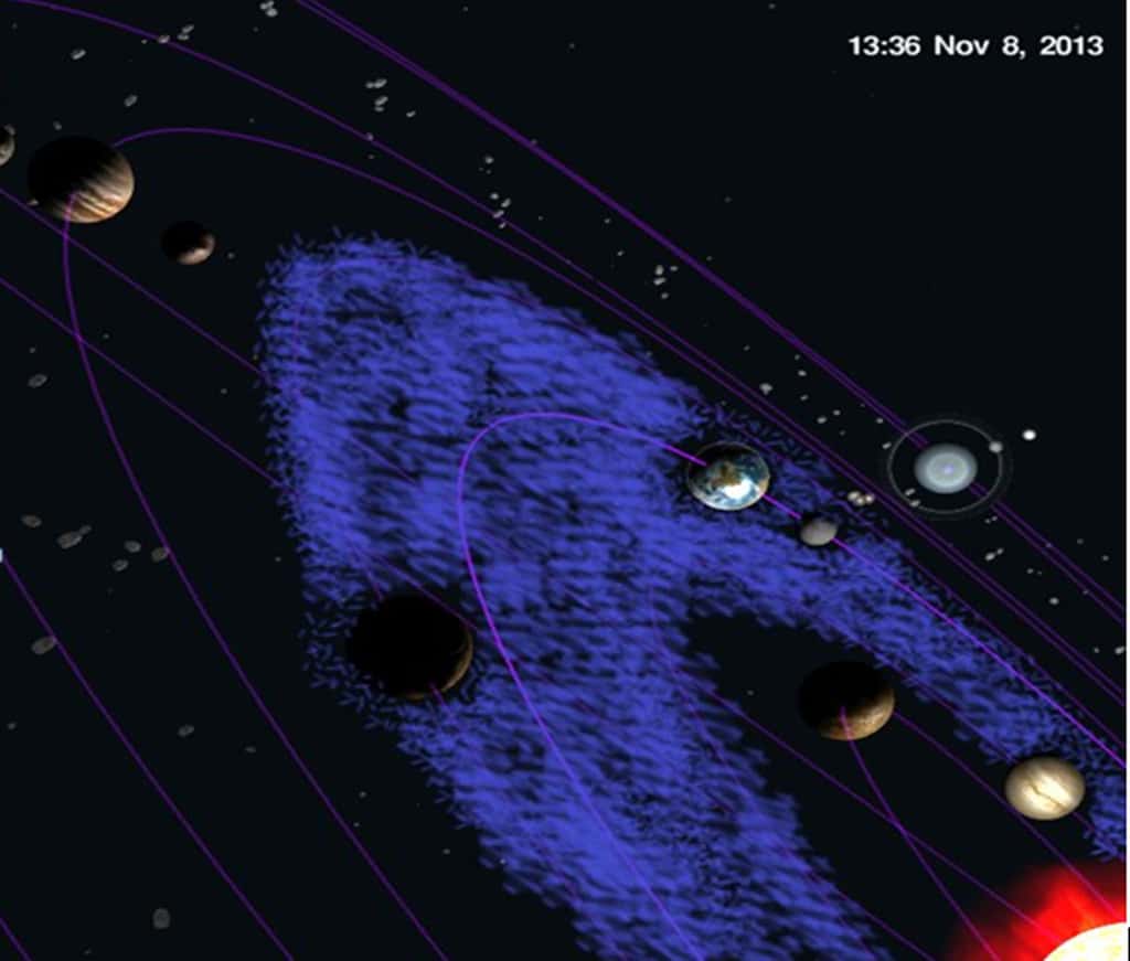 Le logiciel SkyOrb 3D permet de connaître la position des planètes, ici celles du Système solaire en date du 8 novembre 2013. En bleu, la <em>habzone</em>, ou zone d’habitabilité, où l'eau peut exister sous forme liquide. © Élisabeth Piotelat