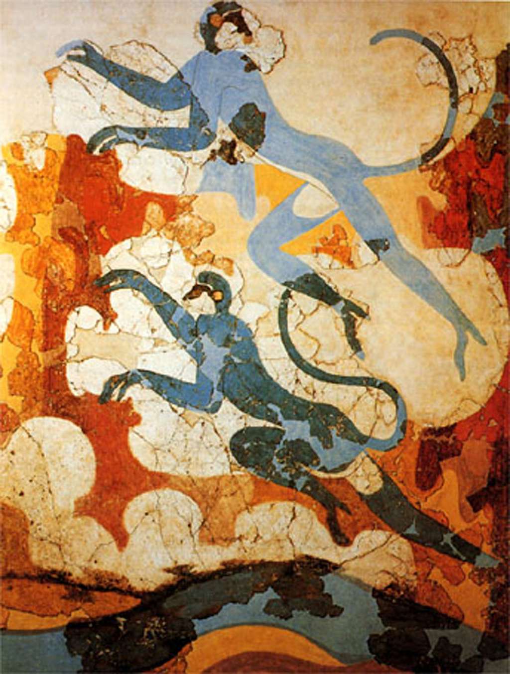 Fresque représentant des singes bleus, découverte à Akrotiri. © DP