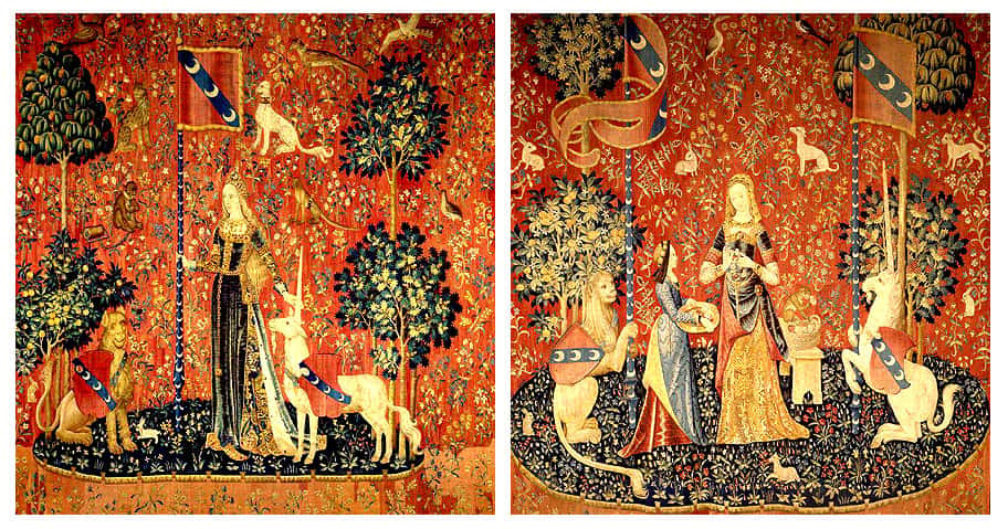 <em>La Dame à la licorne</em> est une série de six tapisseries datant du début du XVI<sup>e</sup> siècle, que l'on peut voir au musée national du Moyen Âge, à l'hôtel de Cluny, à Paris. Les six parties illustrent les sens. Ici, <em>Le Toucher </em>(à gauche) et <em>L'Odorat</em> (à droite). © Wikipédia, DP