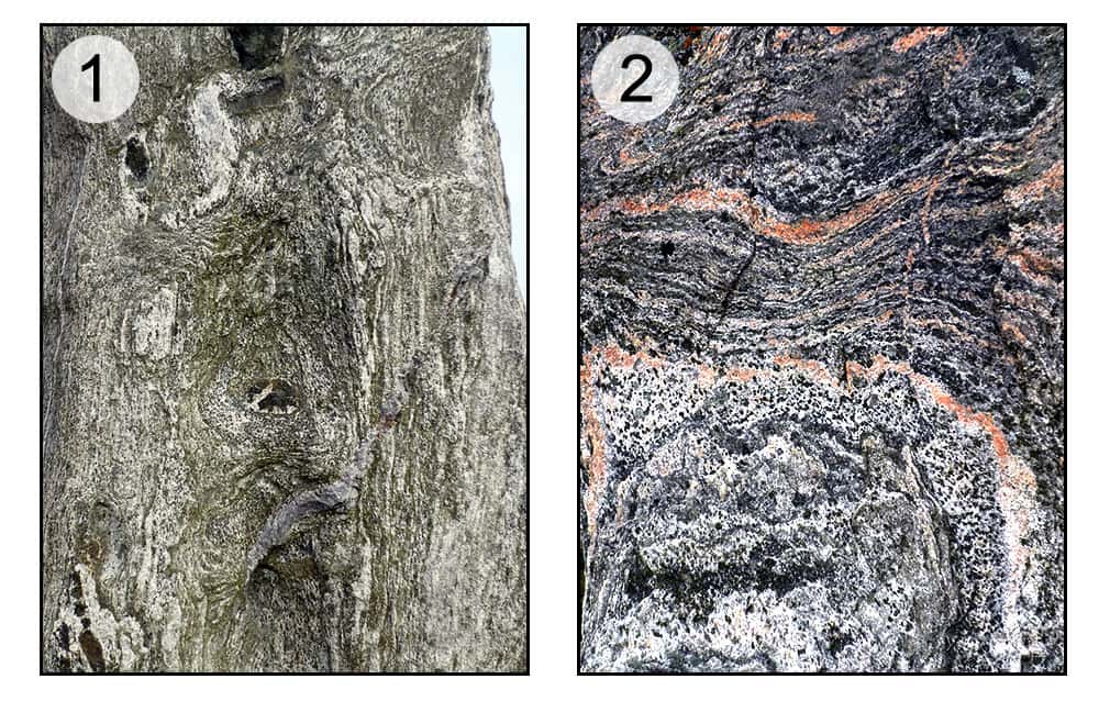 En 1, gneiss, roche tourmentée. En 2, microtectonique. © Claire König, DR