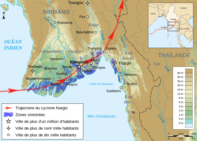 Carte du trajet du cyclone Nargis en Birmanie, mai 2008. © Semhur, <em>Wikimedia commons</em>, CC 3.0