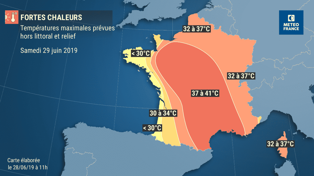 Très fortes chaleurs : évolution des températures maximales prévues en France entre le samedi 29 juin et le lundi 1<sup>er</sup> juillet 2019. © <a href="http://www.meteofrance.fr/actualites/73837093-canicule-samedi-les-tres-fortes-chaleurs-remontent-vers-le-nord" target="_blank">Météo-France</a>, tous droits réservés