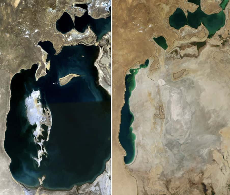 Évolution du lac d'Aral de 1989 à 2014. © Nasa. Collage par Producercunningham, <em>Wikimedia common</em>s, DP