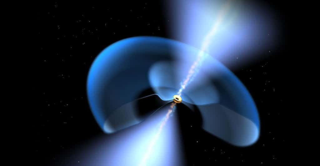 Le centre de ce trou noir supermassif poussiéreux est entouré par un disque d'accrétion (jaune).© Esa Nasa, Projet AVO et Paolo Padovani