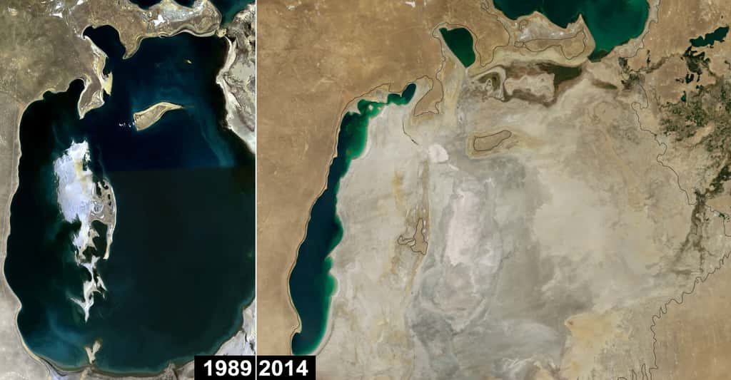 L'eau est-elle l'or bleu de demain ? Ces photos montrent l'évolution de l'assèchement de la mer d'Aral, en Asie centrale, entre 1989 (à gauche) et 2014 (à droite). © Nasa, DP