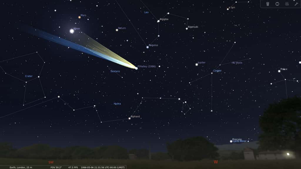 La comète de Halley vue de Londres le 6 mai 1066, simulée à Stellarium. © Morn, <em>wikipedia commons,</em> DP