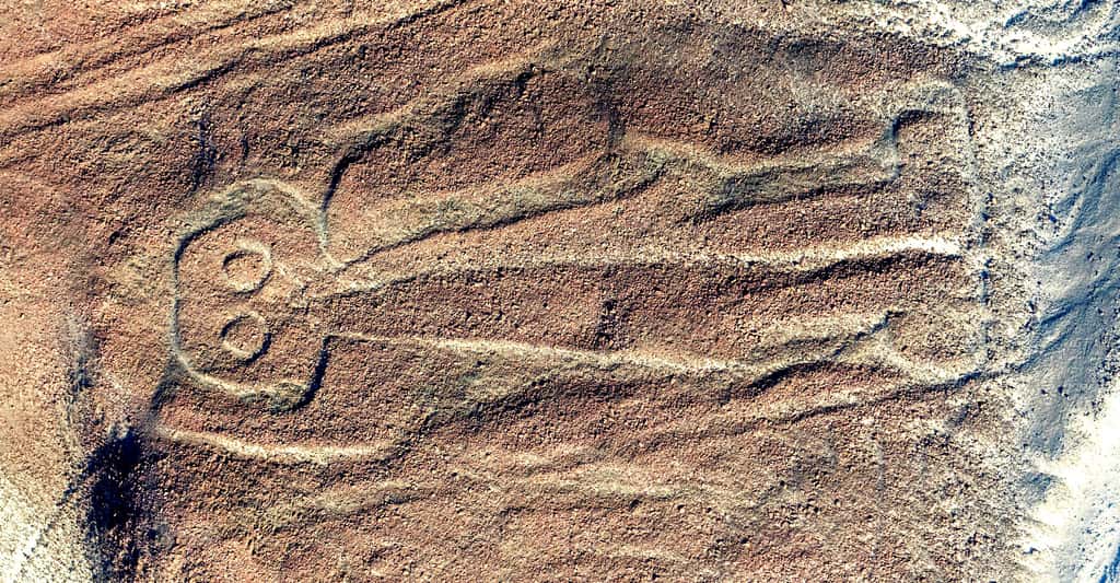Vue aérienne de <em>Owlman aka Astronaut</em>, le plus énigmatique géoglyphe de Nazca. © Diego Delso, <em>Wikimedia Commons</em>, CC by-sa 4.0