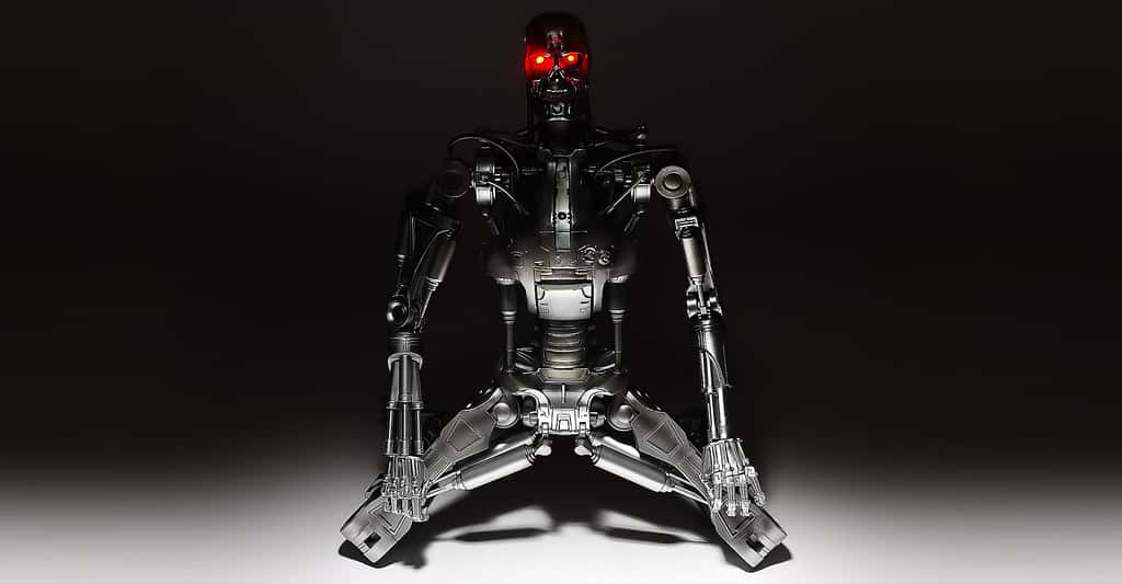 Robots et avatars sont à la fois fascinants et effrayants. Ici, le cyborg T-800 du film <em>Terminator</em>. © Matthias Weinberger, CC by-nc 2.0