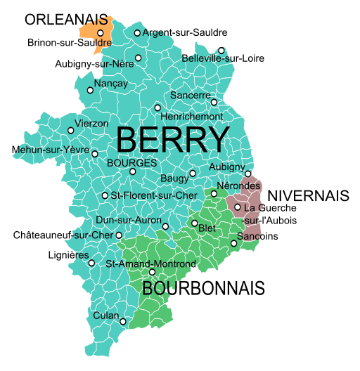 Carte des provinces qui occupaient le territoire du Cher avant la création des départements en 1790. Soit le Berry, le Bourbonnais, le Nivernais et l'Orléanais. © Oie Blanche, Wikipedia, CC by-sa 3.0
