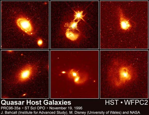 <br />Cliquez pour agrandir. Au-dessus, photos de quasars prises par le télescope spatial Hubble, certaines de ces photos montrant des collisions de galaxies. En dessous, illustration de l'éjection de particules de hautes énergies, en compagnie d'un schéma du &quot;principe physique&quot; derrière l'existence de tels jets. Source NASA.