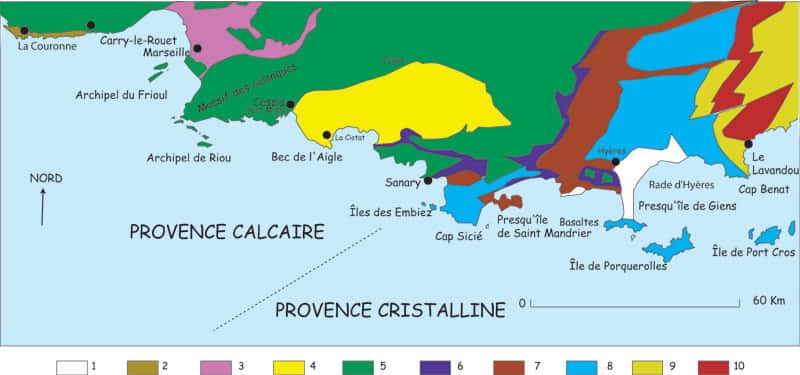 Figure 2. Les différentes roches de la côte méditerranéenne, de Marseille au Lavandou, en passant par Porquerolles et l'Estérel.  © J. Collina-Girard