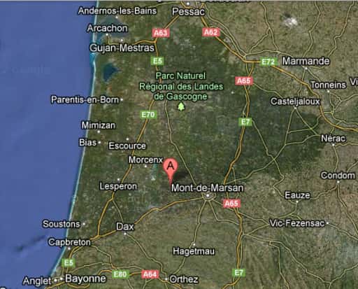 Carte des Landes, département de la région Aquitaine. © Google Maps