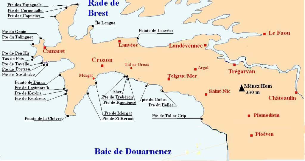 Carte de la presqu'île de Crozon avec ses pointes et caps caractérisant la région. © Nerijp, Wikipédia