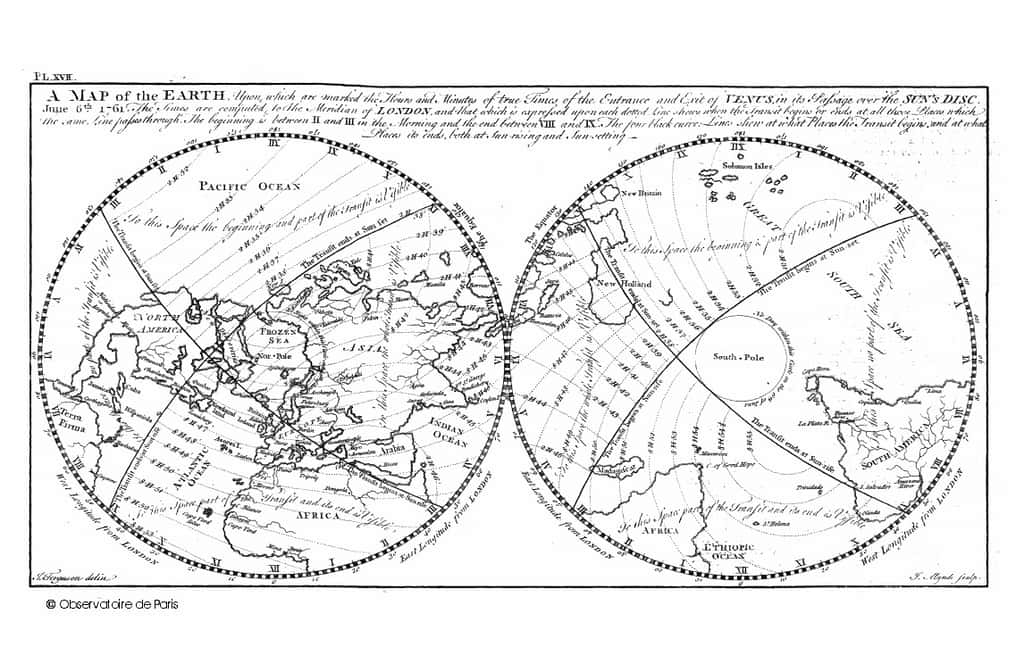 Mappemonde du transit de Vénus en 1761 rapportée au méridien de Greenwich et réalisée par J. Ferguson. © Observatoire de Paris 