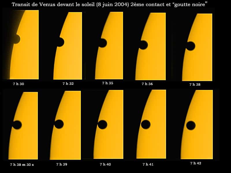 Phénomène de la goutte noire photographié au cours du transit de Vénus du 8 juin 2004. © V. Perroud