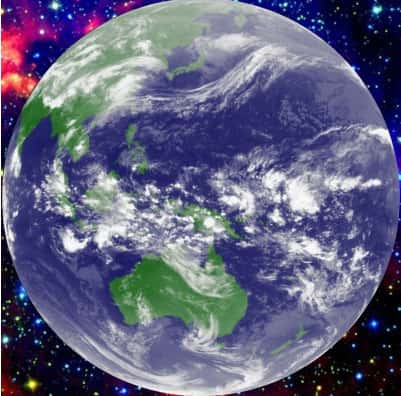 Figure 5. Image infrarouge de Meteosat 5. La région intertropicale est une zone de convection profonde tout autour du Globe, propice à la formation de cumulonimbus de très grandes dimensions. On la nomme région de convergence intertropicale (ou <em>InterTropical Convergence Zone</em> : ITCZ) la région la plus active est située dans le Pacifique équatorial ouest. © DR