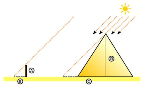 Pythagore, Euclide et Thalès sont les représentants de la géométrie. Un des célèbres calculs est celui de Thalès, concernant la pyramide de Khéops. Quand le soleil était dans la bonne position, Thalès déduisait de la longueur de l'ombre (en pointillés), la hauteur de la pyramide (D). Ici, D = (A x C) : B. C étant égal à la longueur de l'ombre plus la longueur de la demi-base de la pyramide. © Dake licence Creative Commons paternité – partage à l’identique 3.0 (non transposée).