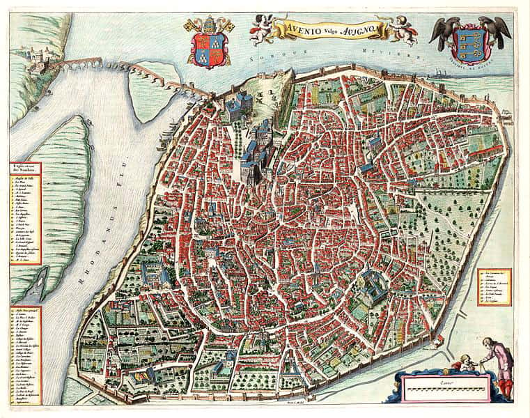 Plan d'Avignon gravé en 1649 pour l'Atlas Van Loo sur lequel on voit les parties manquantes du pont. © Domaine public