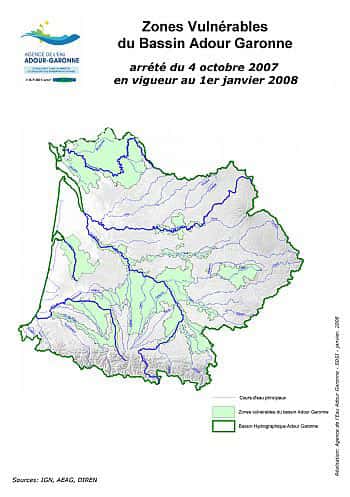 En vert clair les zones vulnérables du bassin. Les risques de crues sont donc importants. © Agence de l'eau Adour-Garonne
