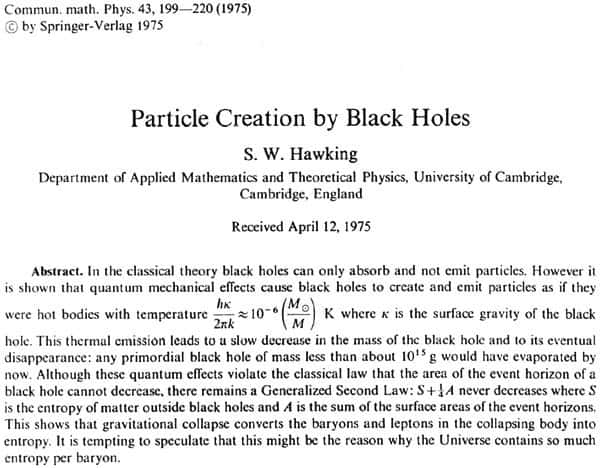 Début de l'article de <a href="http://prac.us.edu.pl/~ztpce/QM/CMPhawking.pdf" title="Particules creation by black holes" target="_blank">Hawking</a> datant de 1974.
