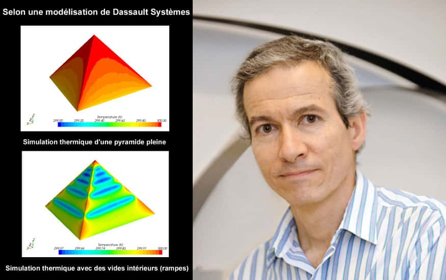 À gauche, des simulations thermiques montrent une pyramide pleine (en haut) et une pyramide qui contient une rampe intérieure (en bas). Pour Xavier Maldague (à droite), titulaire de la chaire de recherche en vision infrarouge multipolaire à l’université Laval, <em>« les techniques que nous utiliserons pour sonder l’intérieur de la pyramide sont non destructives »</em>. © Dassault Systèmes, DR